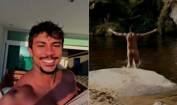 Damião seduz Ritinha ao entrar completamente pelado no rio. (Fonte: Reprodução Gshow)