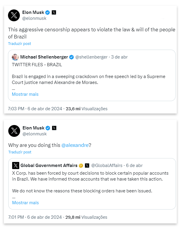 Elon Musk rebate Alexandre de Moraes no antigo twitter, X. (Fonte: Reprodução X).