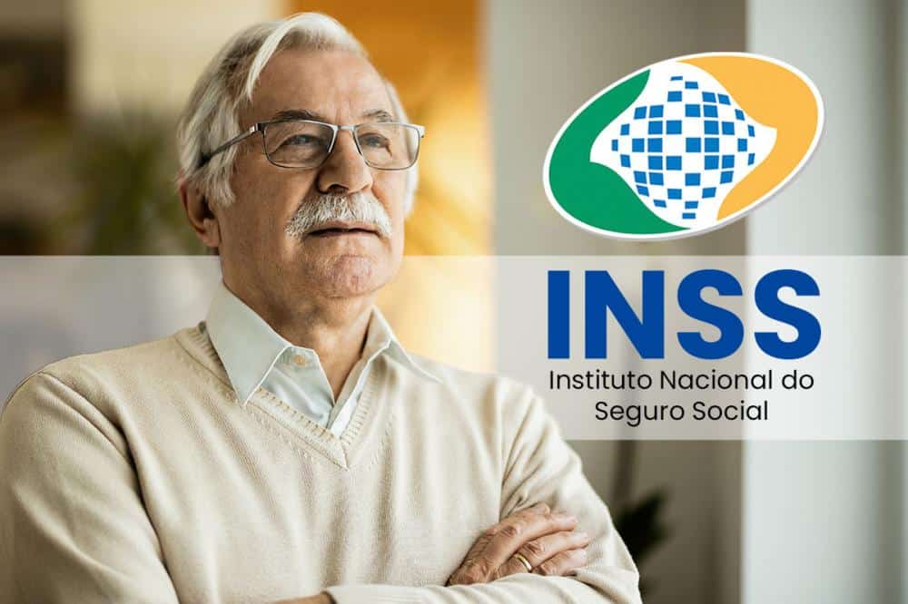 senhor idoso olhando para frente com os dizeres INSS Instituto Nacional do Seguro Social ao lado