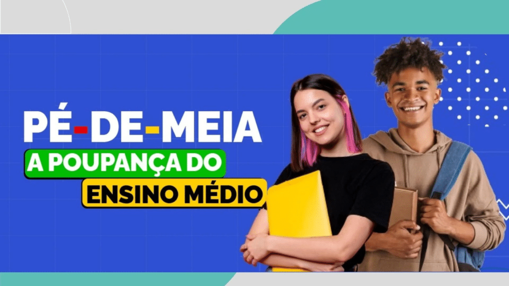 Terceira parcela do programa Pé de Meia começou a ser paga em 27 de maio. Dois estudantes com material escolar.