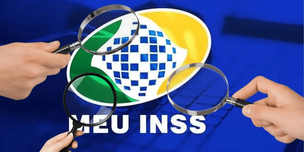 pessoas com lupas apontadas para logo do MEU INSS