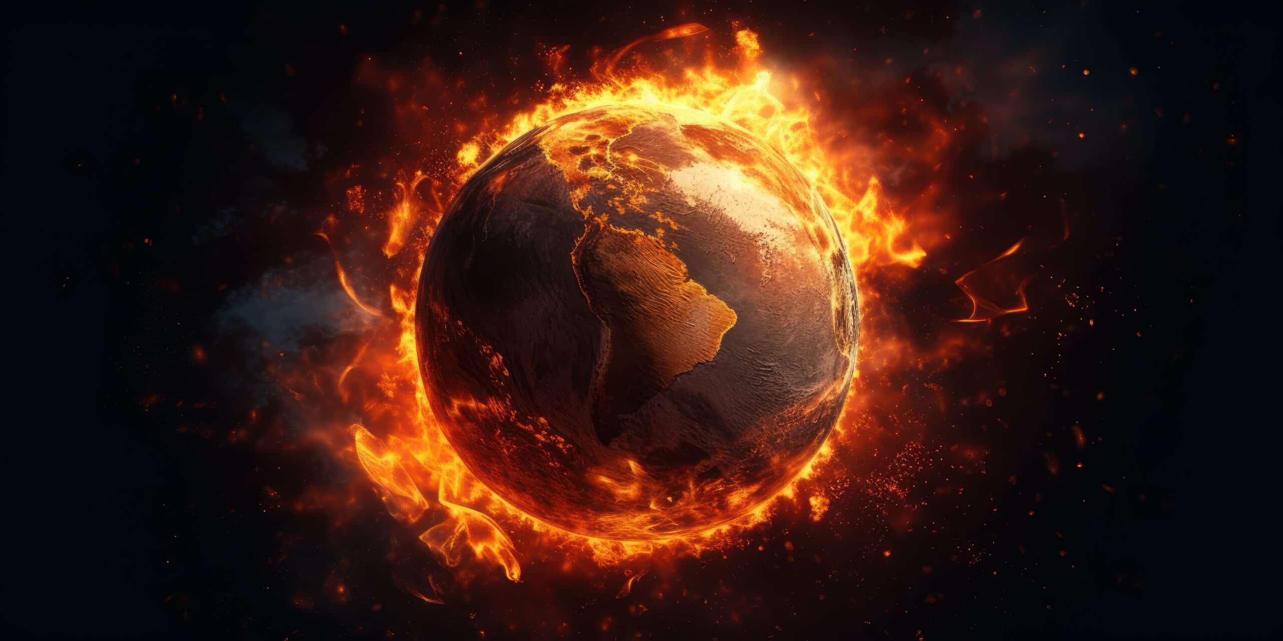 a imagem mostra o planeta terra com chamas em volta representando a onda de calor