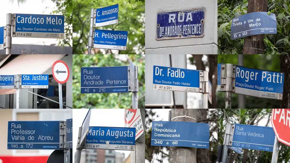 Montagem de fotos com placas de ruas de São Paulo.