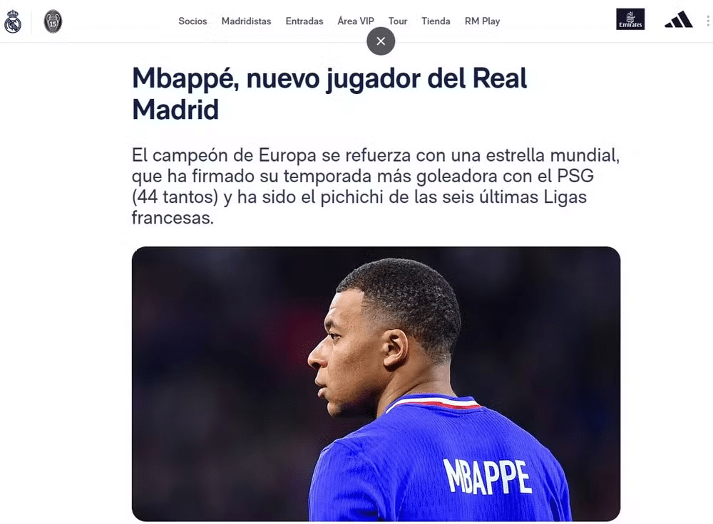 Notícia no site do Real Madrid anuncia contratação de Mbappé