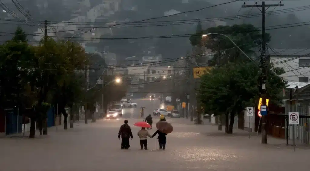 Moradores de bairro de Cavalhada, em Poro Alegre, caminham pela enchente. (Fonte: REUTERS/Diego Vara).
