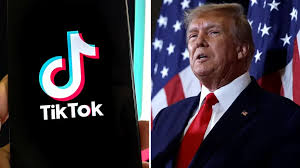 foto ladado a lado trump e o no outro lado um celular com o aplicativo tiktok na tela