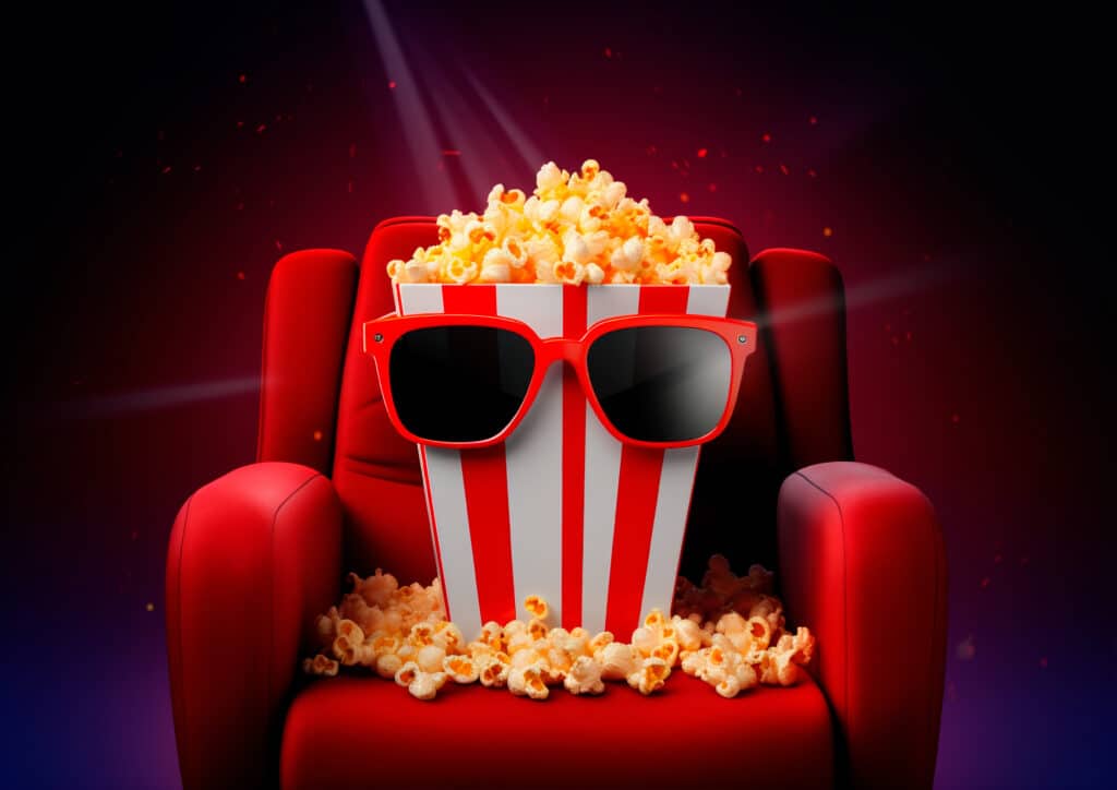 balde de pipoca com óculos sentado numa poltrona de cinema