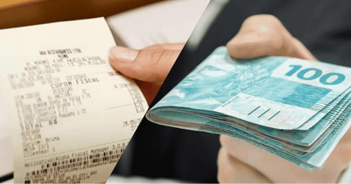 CPF na nota fiscal ao lado de notas de 100 reais. (Fonte: shutterstock).